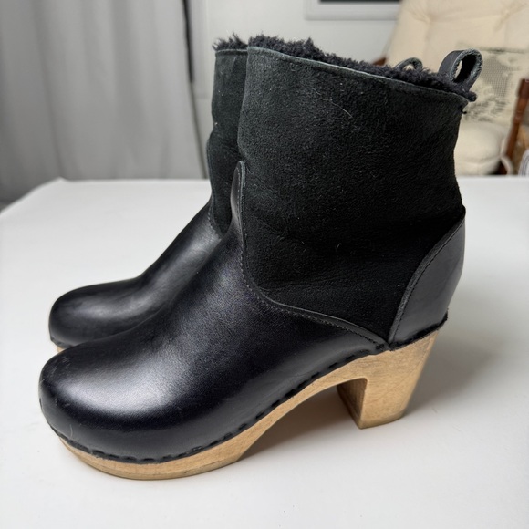 No. 6 Pull-on Shearling Wood Clog Boots on Mid Heel Black Suede Women's 39 8.5 - Picture 10 of 11
